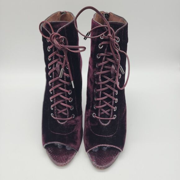 Donald Pliner Velvet Peep Toe Lace Up Bootie 8M Burgundy Ankle Witchy Whimsigoth - Picture 2 of 14